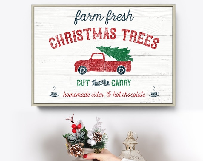 CHRISTMAS TREE truck sign (large canvas print) – modern farmhouse wall art, rustic sign, distressed white, country christmas decor
