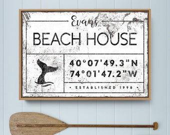 nautical BEACH HOUSE sign, custom GPS location, personalized last name canvas print, white vintage boho farmhouse wall decor {gdw}
