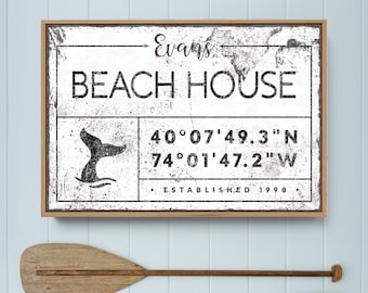 nautical BEACH HOUSE sign, custom GPS location, personalized last name canvas print, white vintage boho farmhouse wall decor {gdw}