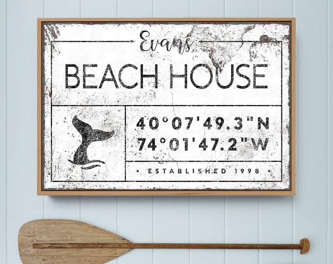 nautical BEACH HOUSE sign, custom GPS location, personalized last name canvas print, white vintage boho farmhouse wall decor {gdw}