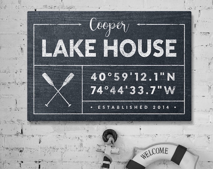 hale navy LAKE HOUSE canvas, nautical last name sign, personalized GPS location coordinates, vintage rustic farmhouse decor {gdo}