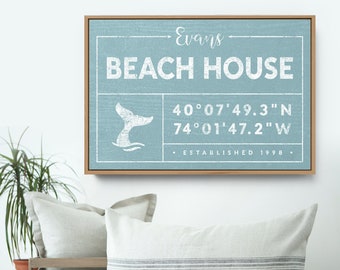 blue BEACH HOUSE sign, personalized last name canvas for beachhouse, custom GPS location, vintage boho decor, nautical wall art {gdo}
