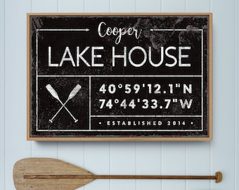 personalized lake house sign, rustic last name canvas for lakehouse, custom GPS location coordinates, black boho farmhouse wall art {GDB}