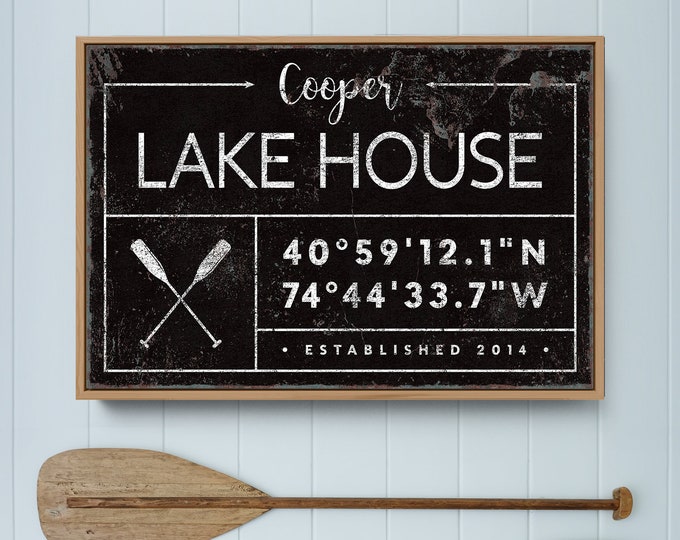 personalized lake house sign, rustic last name canvas for lakehouse, custom GPS location coordinates, black boho farmhouse wall art {GDB}