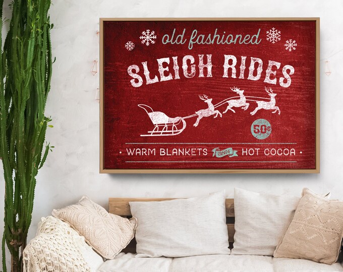 SLEIGH RIDES sign (framed canvas print) – modern farmhouse sign, country wall art, distressed wood rustic christmas print