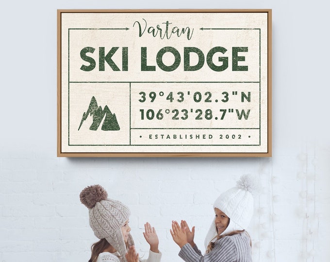 rustic SKI LODGE sign, personalized last name canvas print for farmhouse decor, ski house GPS location coordinates, country wall art {gdo}