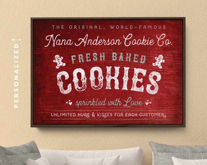 Personalized COOKIES sign on canvas or paper. Grandma's "fresh baked cookies" christmas print – rustic modern farmhouse wall art