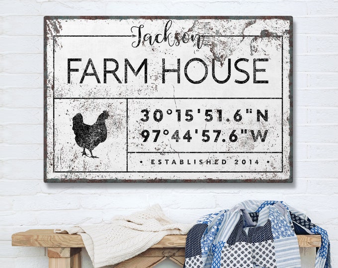 french FARM HOUSE canvas print, personalized last name sign for farmhouse decor, GPS coordinates, rustic white boho wall art decor {gdw}