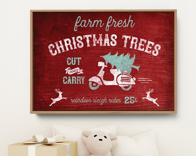 funny CHRISTMAS TREE sign (large canvas print) – vintage vespa sign, modern farmhouse sign, rustic wall art, distressed christmas decor