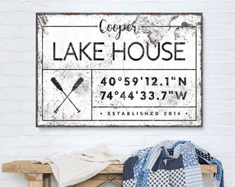 custom LAKE HOUSE canvas, farmhouse name sign, lakehouse personalized GPS location coordinates, rustic white vintage nautical decor {gdw}