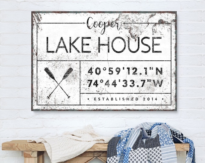 custom LAKE HOUSE canvas, farmhouse name sign, lakehouse personalized GPS location coordinates, rustic white vintage nautical decor {gdw}