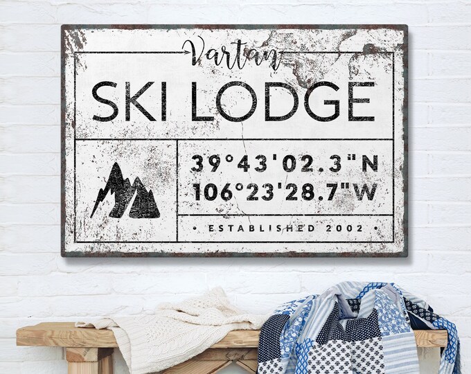 country SKI LODGE sign, personalized last name canvas farmhouse decor print, ski house GPS location coordinates, rustic white wall art {gdw}