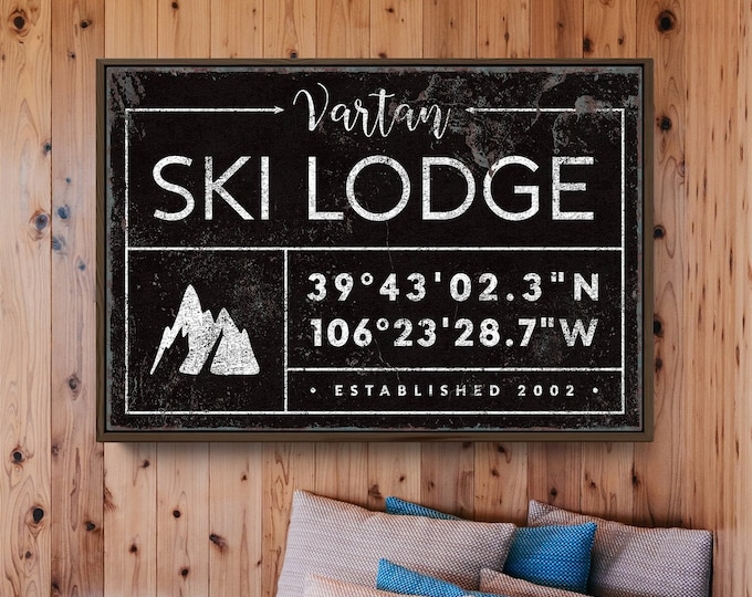 rustic SKI LODGE canvas print, personalized last name sign for farmhouse decor, ski house GPS coordinates, black and white wall art {gdb}