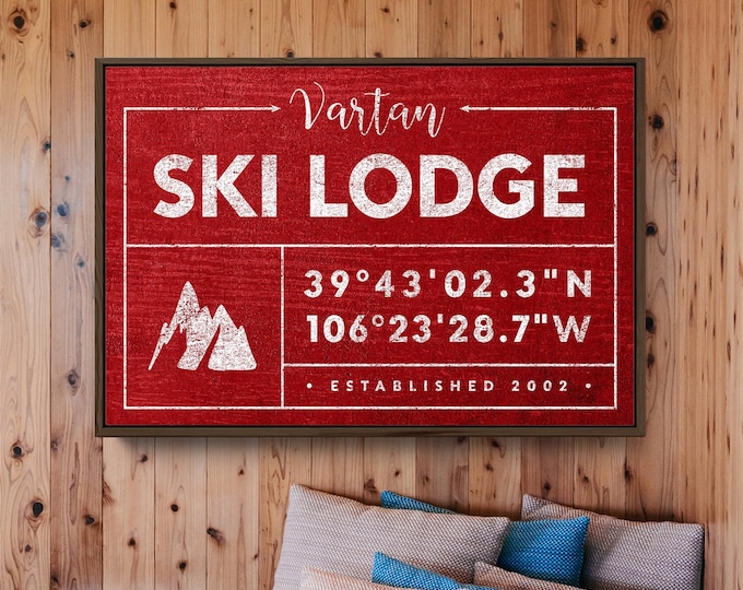 red SKI LODGE canvas sign, personalized last name print for farmhouse decor, ski house GPS coordinates, country rustic wall art {gdo}