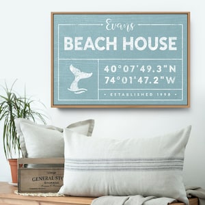 blue BEACH HOUSE sign, personalized last name canvas for beachhouse, custom GPS location, vintage boho decor, nautical wall art {gdo}