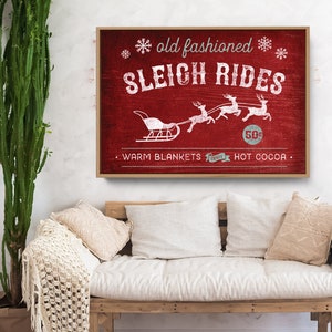 SLEIGH RIDES sign (framed canvas print) – modern farmhouse sign, country wall art, distressed wood rustic christmas print