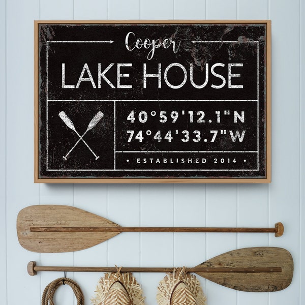 personalized lake house sign, rustic last name canvas for lakehouse, custom GPS location coordinates, black boho farmhouse wall art {GDB}