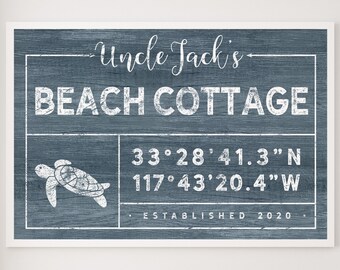 Beach Cottage, Canvas Sign, Sea Turtle Art, Coastal Wall Decor, Personalized Coordinates, Vintage Style Framed Print for Beachhouse {gdo}