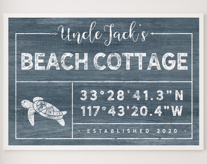 BEACH COTTAGE canvas sign > custom coordinates sign, sea turle art print for harbor blue beachhouse decor, large framed wall art {gdo}