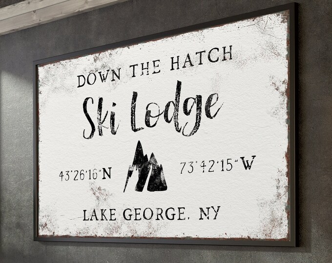 extra large SKI LODGE sign > vintage mountain art print with latitude & longitude, skiing canvas print, farmhouse GPS coordinates art {vow}