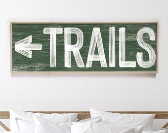 Vintage hiking sign > green TRAILS cross country skiing art, faux weathered wood canvas for mountain lodge decor, ski house wall art {pwo}