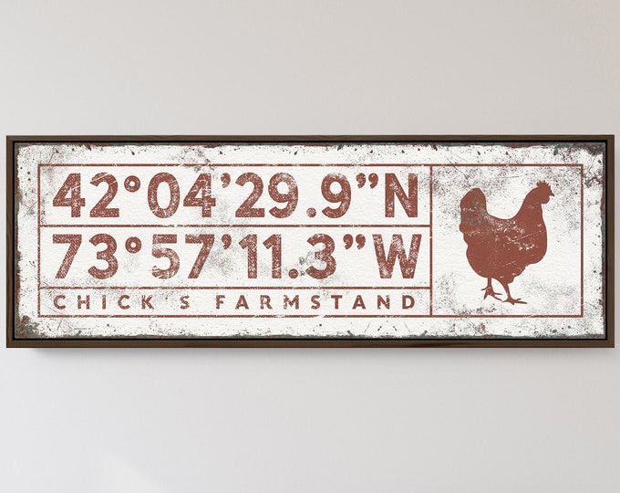custom COORDINATES sign with chicken art > personalized farmhouse decor wall art, rustic brown canvas print with custom GPS location {sgw}