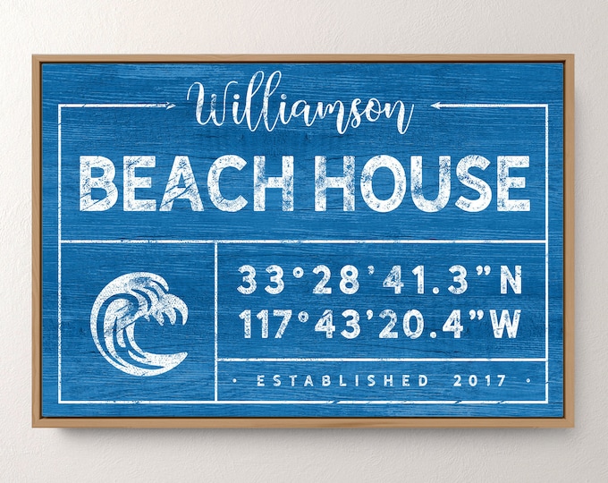 large BEACH HOUSE canvas > royal blue wall art for beachhouse decor, ocean wave wall art with coordinates, large framed canvas sign {gdo}