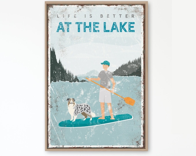 teal paddleboarding sign with personalized dog for retro lake house decor {vpl}