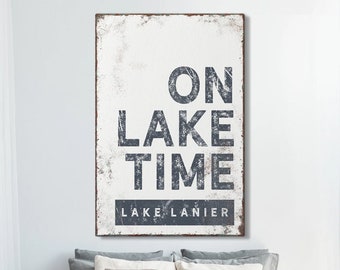 hale navy "ON LAKE TIME" sign > vintage Lake Lanier wall art for nautical lakehouse decor, xl framed canvas, blue lake house sign {brw}