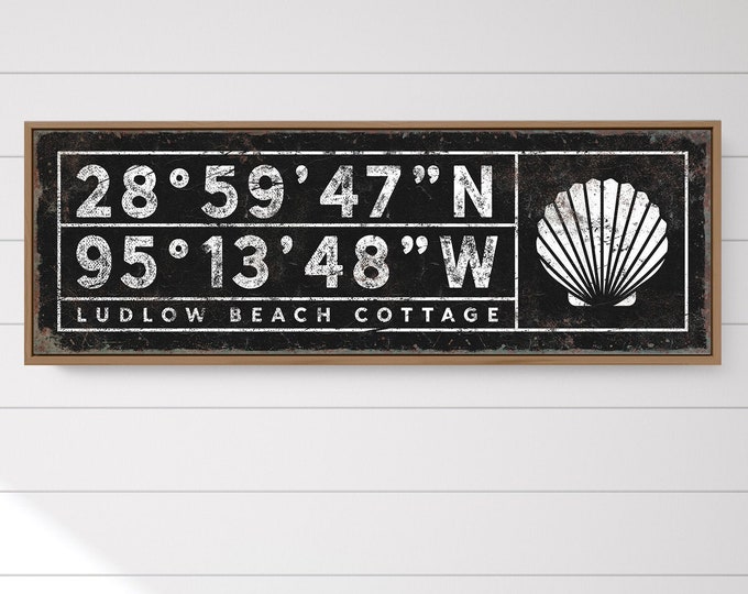 large BEACH HOUSE sign with shell > vintage coordinates sign for beach house decor, personalized coastal art with latitude & longitude {sgb}