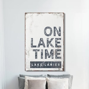 hale navy "ON LAKE TIME" sign > vintage Lake Lanier wall art for nautical lakehouse decor, xl framed canvas, blue lake house sign {brw}