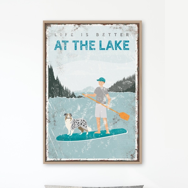 teal paddleboarding sign with personalized dog for retro lake house decor {vpl}