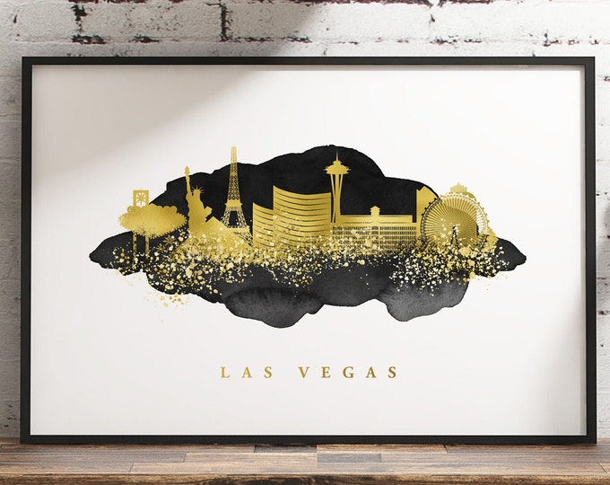 LAS VEGAS SKYLINE sign > custom large framed canvas art print for home wall decor, faux metallic gold and black watercolor wall art,