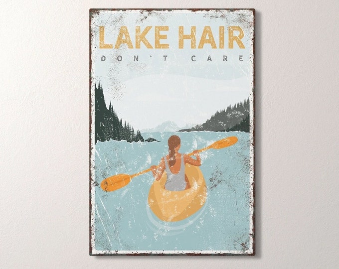 Lake hair don't care poster. Personalized kayaking poster. Oversized wall art for vintage lake house decor. Yellow kayak gift for her. {vpl}