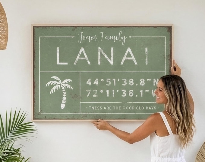 Lanai Sign with Family Name and GPS Coordinates, Custom Palm Tree Porch Art, Housewarming Gift