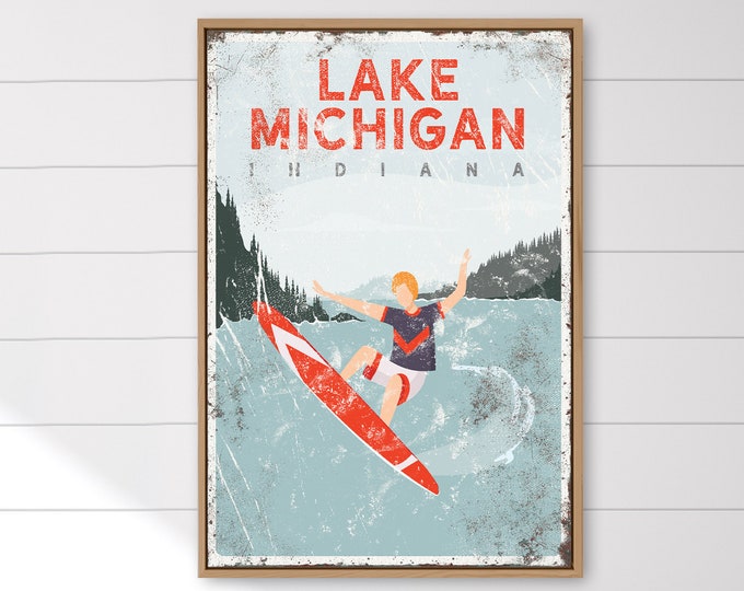 vintage surfing sign > personalized lake house nautical wall art, distressed surf board poster print (shown with Lake Michigan) {VPLSMLRR}