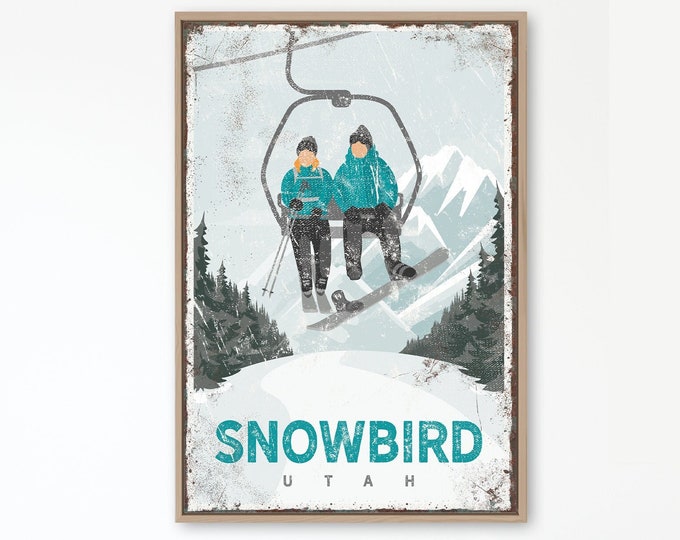 vintage wall art for ski house decor, personalized mountain art print, snowboard and ski lodge sign on canvas (Snowbird , Utah) {vph}