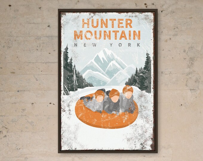 Personalized FAMILY SNOW TUBING Poster, for Ski House Decor, Vintage Winter Wall Print in Orange Accent, Hunter Mountain, New York {vph}
