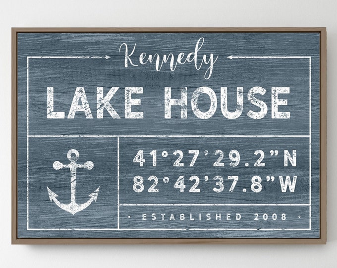 custom LAKE HOUSE sign > personalized last name sign with coordinates for modern lakehouse decor, harbor blue canvas with anchor {gdo}