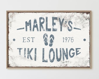 distressed TIKI LOUNGE sign > vintage last name bar canvas, dusty blue and white farmhouse wall art, flip flop art print for beach bar decor