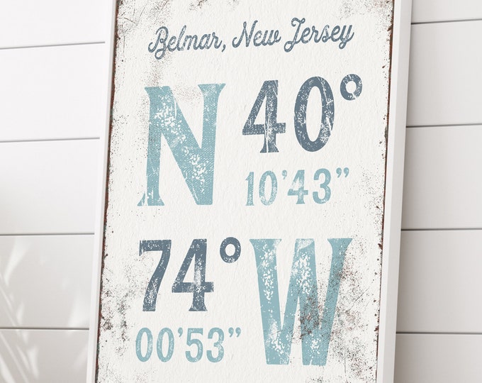 personalized COORDINATES sign >  custom last name poster, dusty blue art print for modern farmhouse decor, distressed wall art canvas {gpw}