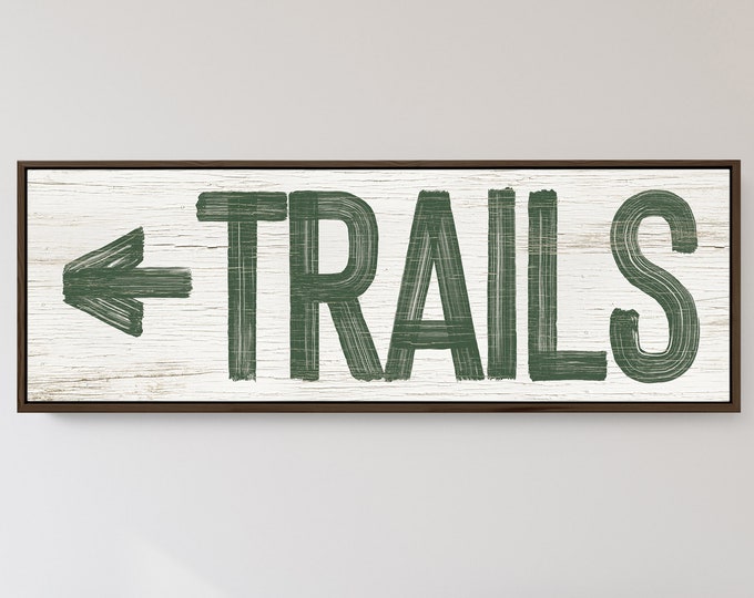 Ski trails sign with arrow (left/right) > vintage green LODGE decor, distressed sign for above door, faux aged wood print on canvas {pww}