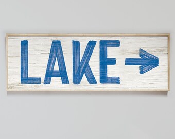 Lake sign with arrow > ocean blue lake house decor, left or right arrow, custom color vintage farmhouse print on lightweight canvas {pww}