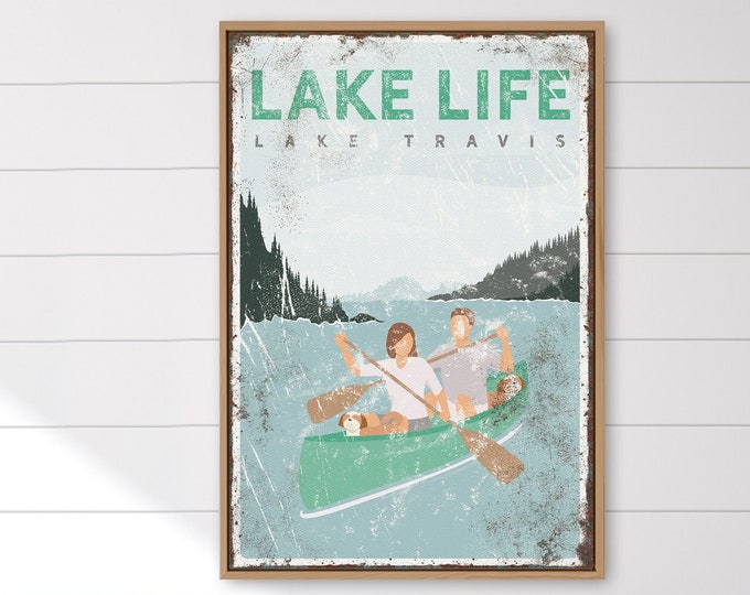 personalized LAKE LIFE sign, canoe couple with two dogs, gift for shih tzu lovers, lake travis sign, unique lake house gift {vpl}