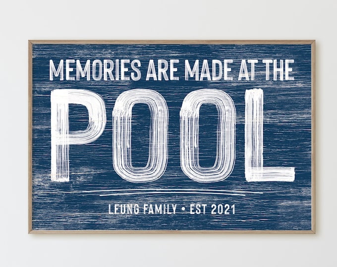 personalized VACATION HOUSE decor, navy blue "memories are made at the POOL" sign with family name, vintage faux weathered wood canvas {pwo}