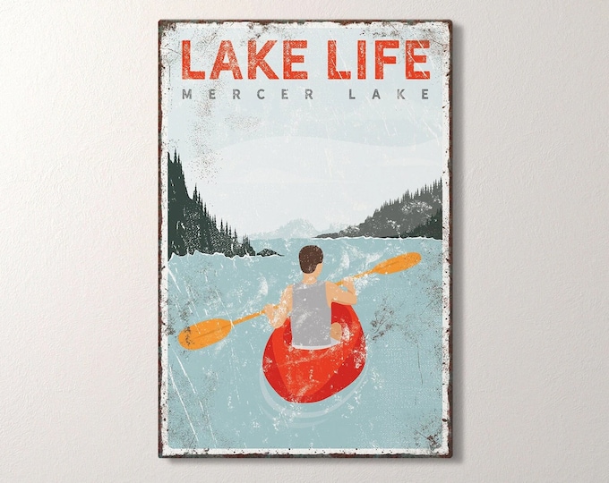 Lake Life Sign for Vintage Lake House Decor. Personalized Kayaking Poster Gift for Husband. Oversized Wall Art for Large Blank Wall {vpl}