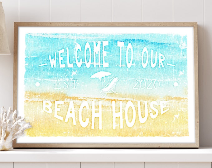 beach house welcome sign > weathered canvas family name wall art, watercolor beach chair art print for vintage beachhouse decor