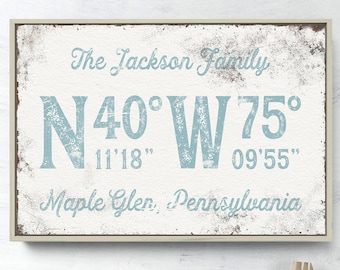 Latitude Longitude Coordinates Sign, Custom GPS Art Canvas, Distressed Farmhouse Decor, Personalized Last Name Print Gift for Her