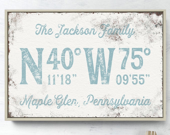 distressed COORDINATES sign > personalized longitude latitude canvas, custom last name art print for modern farmhouse decor {gpw}