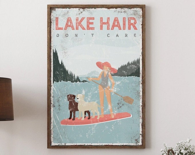 coral LAKE HAIR sign > personalized paddleboarding poster, vintage lake house decor, labrador mom gift, for her, custom lake life art {vpl}